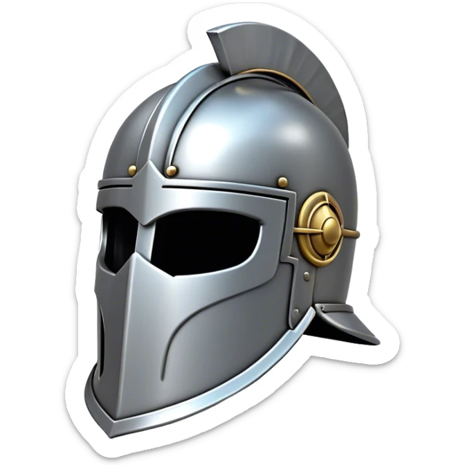 Clash of Clans aesthetic: Cinematic Playful Steel Helm Emoji, rendered in a 3D vector-style similar to standard emojis with minimal shading and bold, simplified shapes. A compact, isometric helmet crafted of shining steel with intricate engravings and a protective visor, softly glowing with a noble warrior charm. Simplified yet unmistakably iconic, highly detailed and consistent, glowing with a soft radiant gleam and high polish. Stylized with a touch of chivalric tradition and a soft glowing outline, capturing the essence of a stalwart battle helm with a friendly, playful manner! sticker