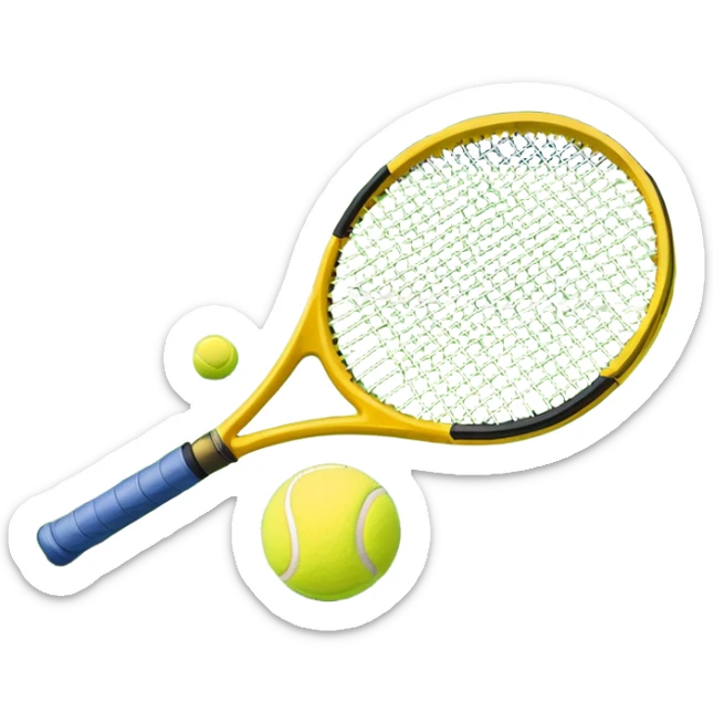 A tennis racket and a ball placed on the ground, with a tennis court in the background. The court lines and net are visible, emphasizing the structure and focus of the sport, creating a dynamic and energetic vibe. sticker