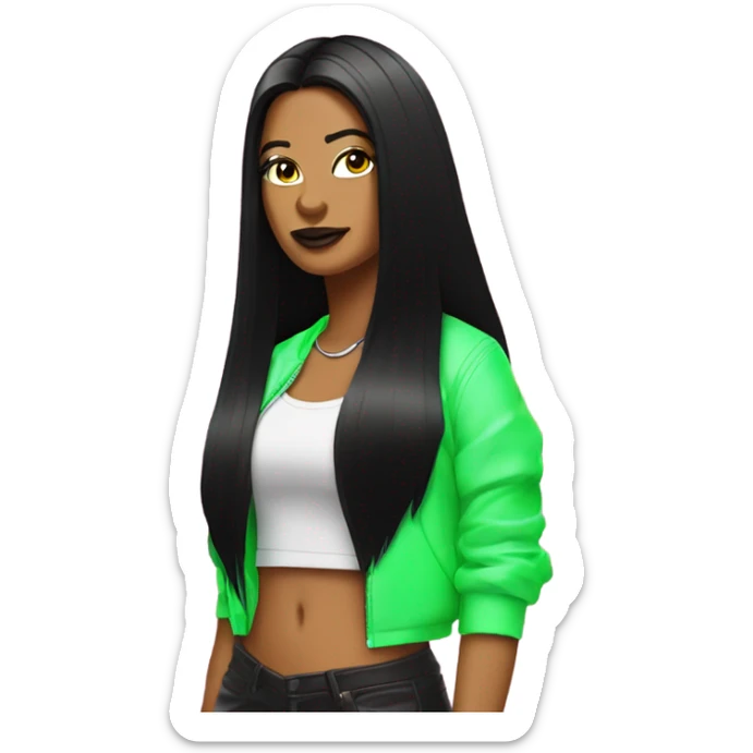 Tanned woman with long black hair dressed in Y2K hip hop hair, makeup, and neon attire sticker