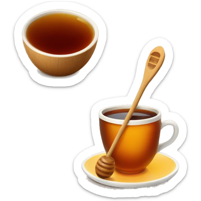 brown cup with tea on saucer wooden honey spoon with honey sticker