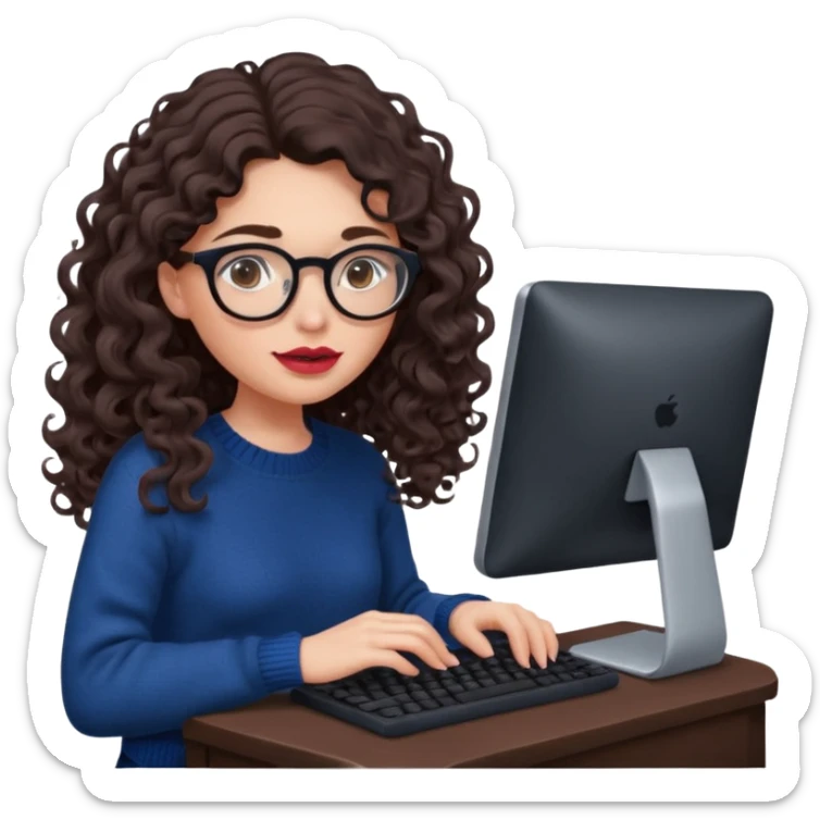 a european white young woman with very long wavy dark brown/chocolate hair with curls at the end of her long hair typing in a computer. she's using round glasses, her lips are light red and her cheeks slightly pink. Her eyes are dark brown. She's using a dark blue knit sweater  sticker
