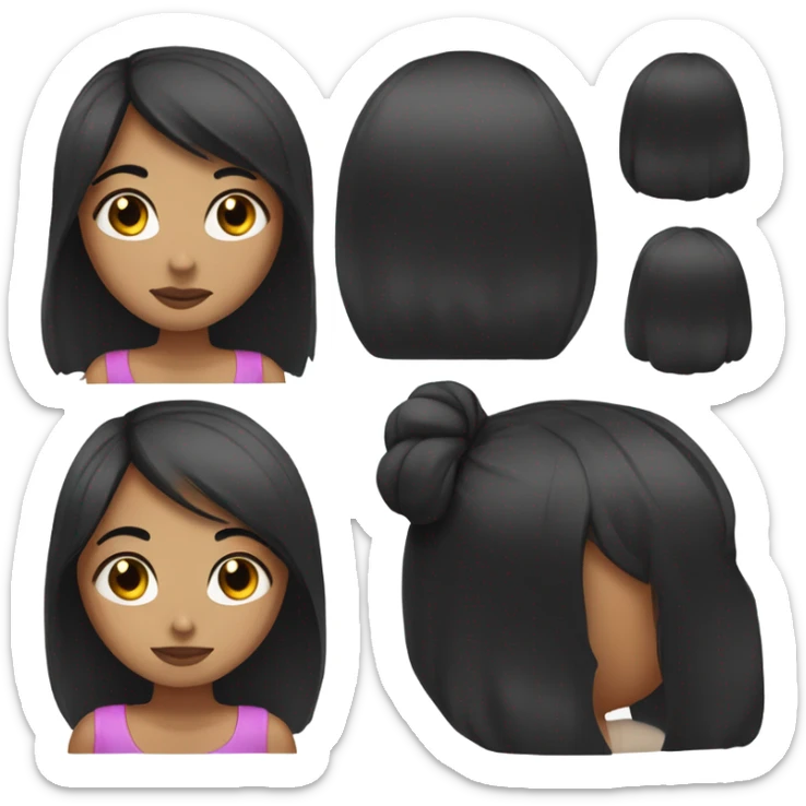 girl with straight black hair, dark brown eyes, light freckles, and a beaty mark underneath her bottom lip on the left side sticker