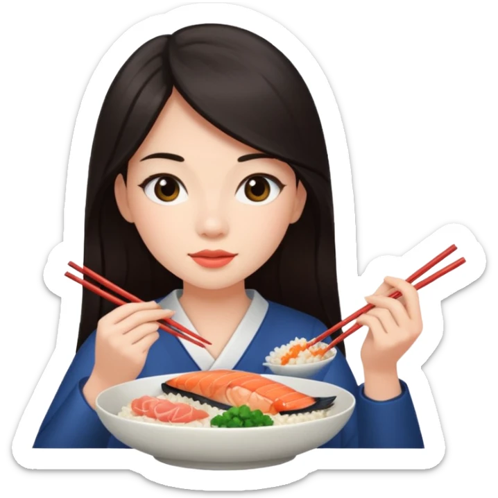 chica joven con piel clara y pelo oscuro largo comiendo un plato de arroz con salmón  sticker