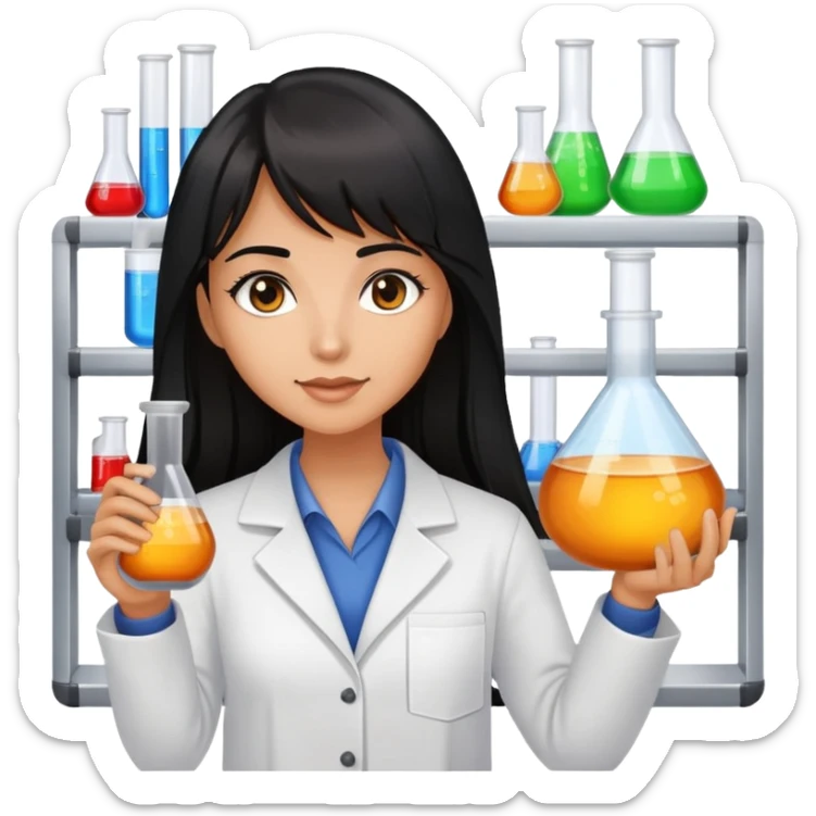 Crear una imagen de una profesora de quimica de piel canela pelo negro largo con reflejos marrones y flequillo, que este en un laboratorio, sosteniendo un matraz sticker
