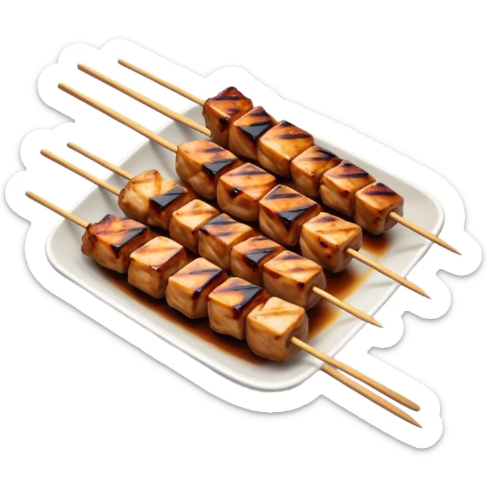 Cinematic Realistic Yakitori Dish Emoji, depicted as skewered, grilled chicken pieces with a charred finish rendered with crisp textures and appetizing, natural lighting. sticker