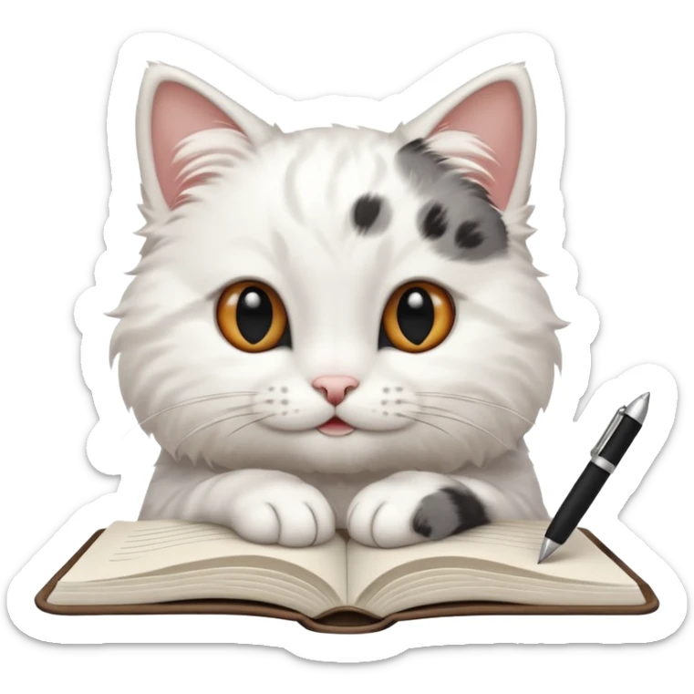  gatita blanca con manchas negras en los ojos feliz en viendo una libreta anillada  sticker
