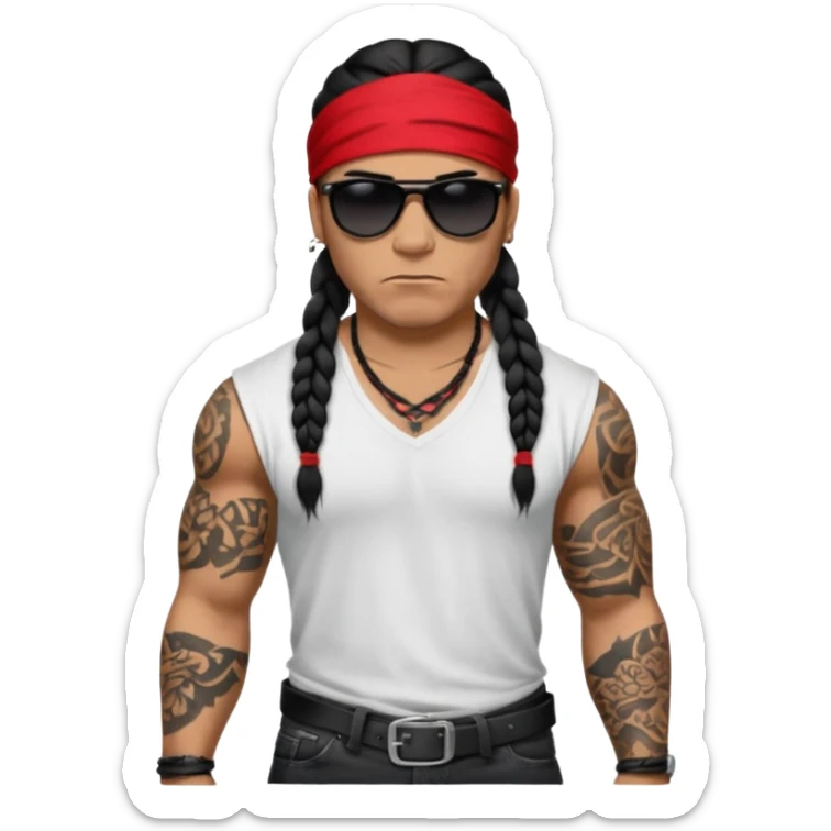 Samoan male.
XL loose fitting white t-shirt. 
Red bandana. 
Red
Black jeans. 
long black braided hair.
very muscular.
More tattoos. 
Tough and menacing. 
Gangster sunglasses. sticker