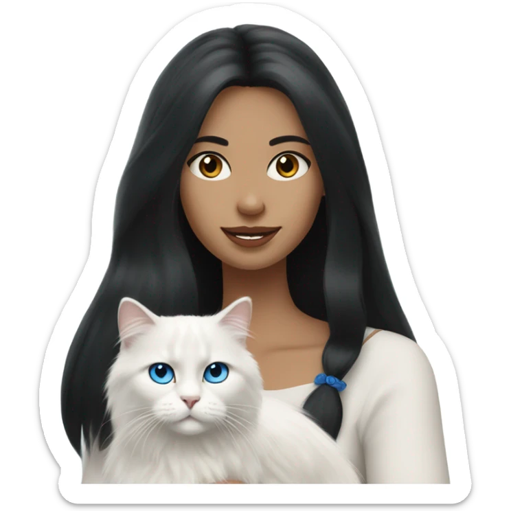 woman with long black hair and holding a all white Siberian cat with blue eyes sticker