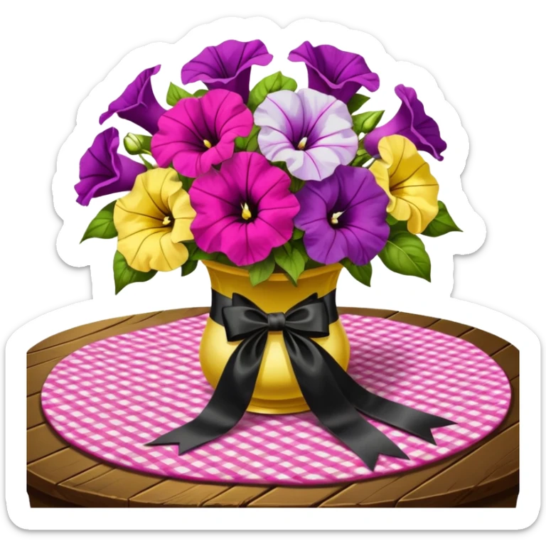 A lush bouquet of bright light margenta color petunia black satin ribbon, resting on an antique wooden table, with a pale yellow and pink plaid pattern table cloth sticker