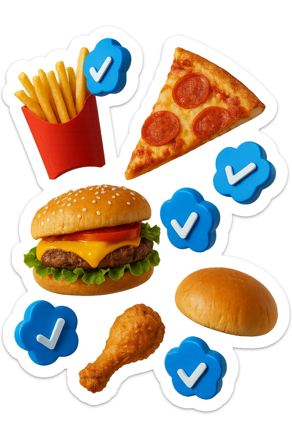 fast food realistico fluttua in aria insieme a spunte di verificato in 3d sticker