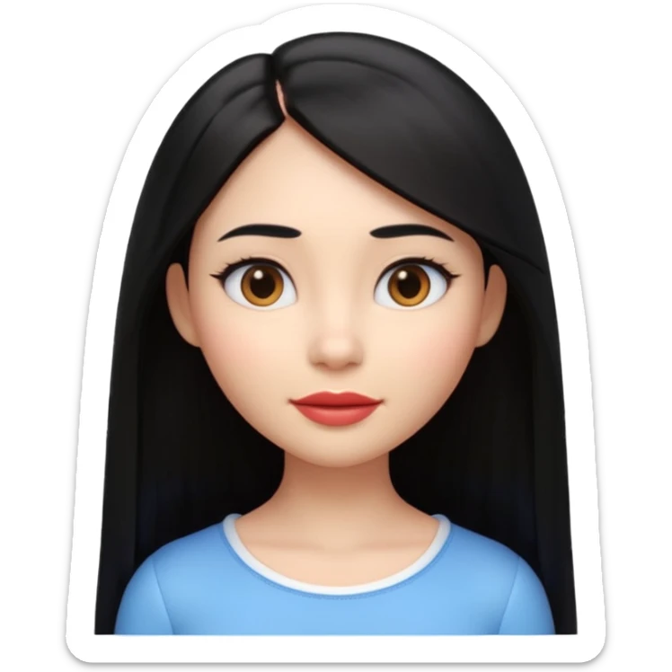 A cute 3D female emoji avatar, smooth skin, long straight black hair, glossy lips, soft lighting, minimal background, beauty branding style, high quality, Pixar style, front view, symmetrical face, clean and elegant sticker