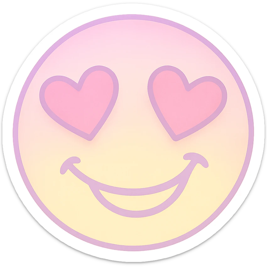 cute emoji, heart eyes, playful grin, pastel pink and yellow sticker