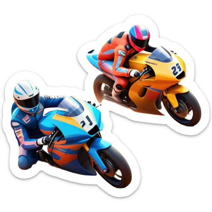 A sleek racing car and motorcycle speeding on a track, leaving a trail of dust behind. The scene captures the thrill of high-speed competition, with blurred motion and vibrant colors, highlighting the dynamic energy of motorsport. sticker