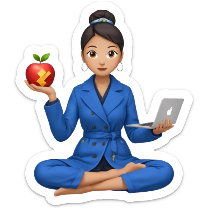 emoji of an asian woman with a single bun in a long blue coat sitting cross legged with dna levitating above one hand and an apple laptop above the other hand sticker