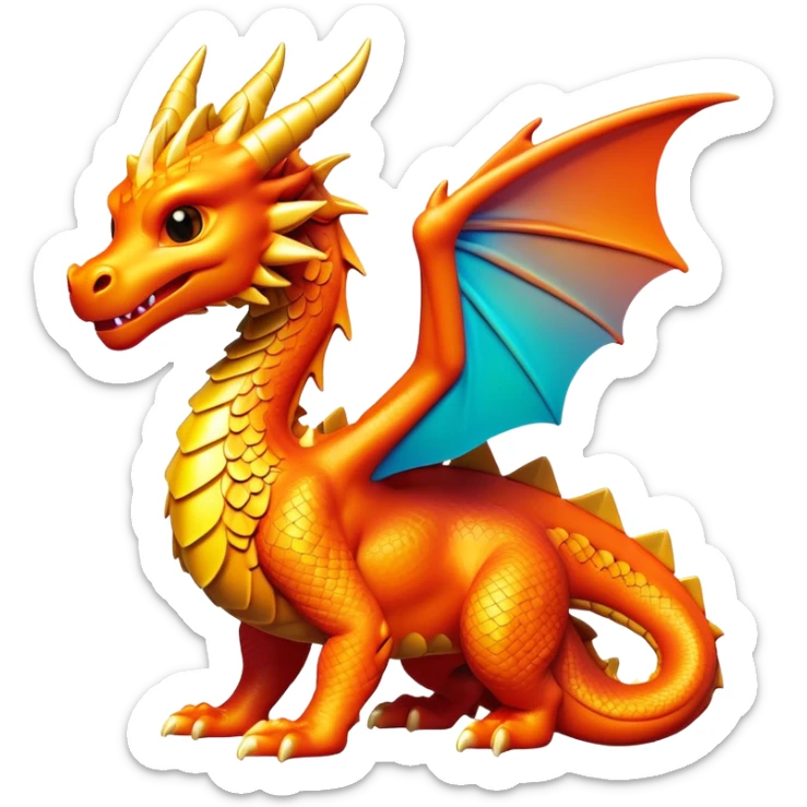 Clash of Clans aesthetic: Cinematic Playful Dragon Emoji, rendered in a 3D vector-style similar to standard emojis with minimal shading and bold, simplified shapes. A compact, isometric dragon with majestic wings and intricately scaled details, softly glowing with a legendary, mythical charm. Simplified yet unmistakably iconic, highly detailed and consistent, glowing with a soft radiant brilliance and high shine. Stylized with a touch of fantastical might and a soft glowing outline, capturing the essence of a mighty dragon with a friendly, playful demeanor! sticker