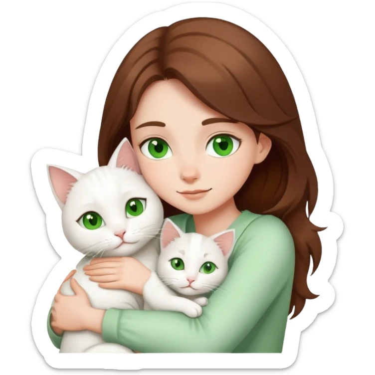 a brown haired and green eyed girl hugging to her white cat sticker