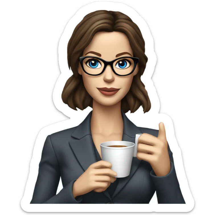 Lifelike model Kate Beckinsale blue eyes wearing glasses in a business dress drinking a cup of tea  sticker