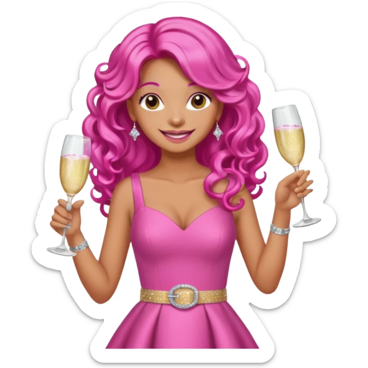 One lady with long hot pink curled hair and tan skin wearing a pink dress with sparkly belt holding a glass of pink champagne in each hand smiling cheerfully  sticker