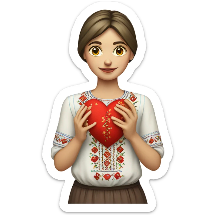 A Ukrainian woman in an embroidered shirt holds a heart in her hands sticker