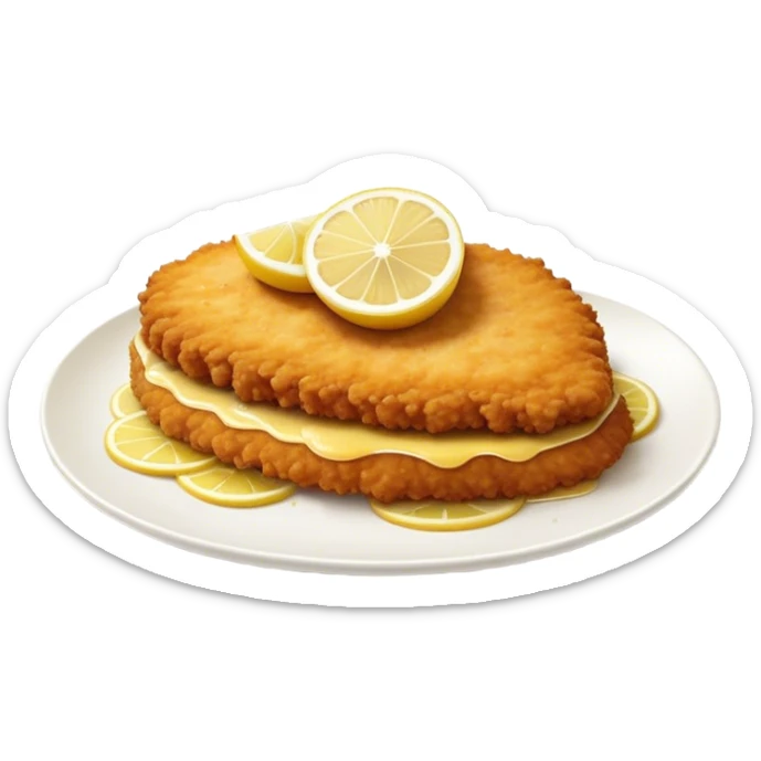 Cinematic Realistic Veal Schnitzel Dish Emoji, depicted as a golden, breaded veal cutlet served with lemon rendered with crisp textures and inviting, natural lighting. sticker