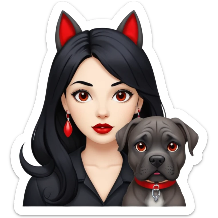 Fashionable woman with long black hair, big red lips, and Cane Corso dog ears and short tail sticker