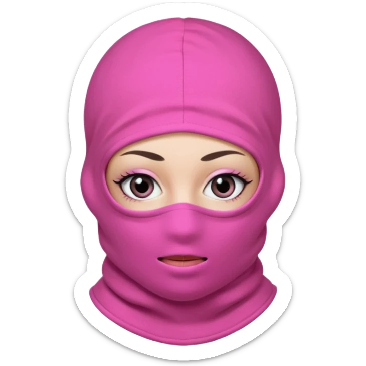 baggy stylish 3 hole balaclava pink in colour with girly eyes showing through the eye holes of the balaclava with beautiful eyelashes on  sticker