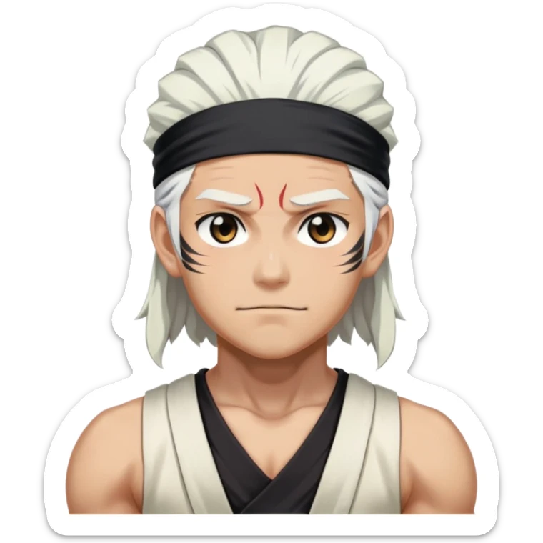 Tengen Uzui with a smirk, Sound Hashira from Demon Slayer, white hair, headband, muscular sticker