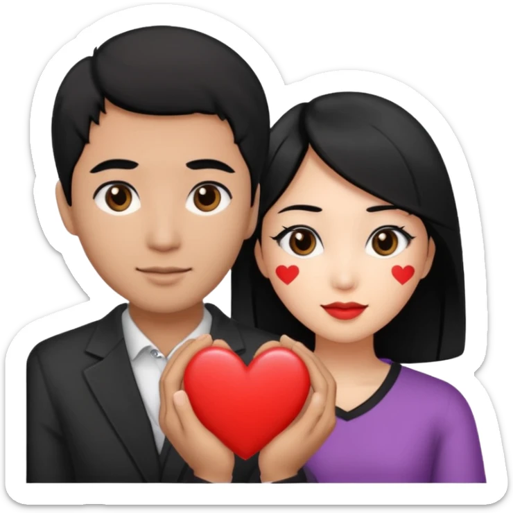 Asian Woman with black hair black eyes, brown man with black hair black eyes, and love heart sticker