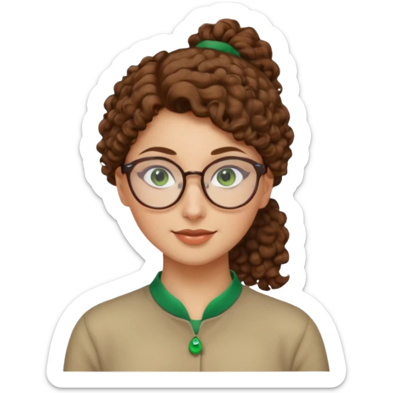 iranian woman, tight curly light brown hair in one high pony tail, glasses, green eyes, pretty, oval shape face, no hajib sticker