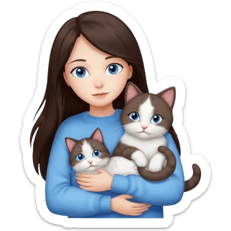 a girl with long dark 
brown hair, with blue eyes, in a
white sweater, hugs 3 different natural coloured cats sticker