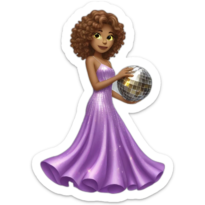 female with brown wavy hair dressed in a party dress and disco ball sticker