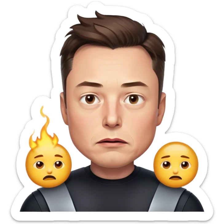 A photorealistic emoji-style illustration of Elon Musk's head, no neck, slightly turned to the right with a concerned expression. Highly detailed, smooth, and polished like an iOS emoji, with realistic skin, hair, and lighting. Transparent background. sticker