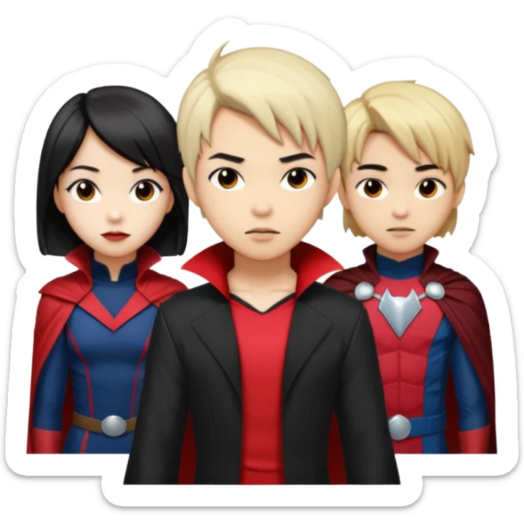 Solo poly platonic relationship, one is south African girl, one is Asian boy, one is biracial features Asian tomboy girl with anime short hair with long hair, vampire and marvel cosplay elements inspired. Could we can less human skin seems so it does not seem racist or something, use marvel colours  sticker