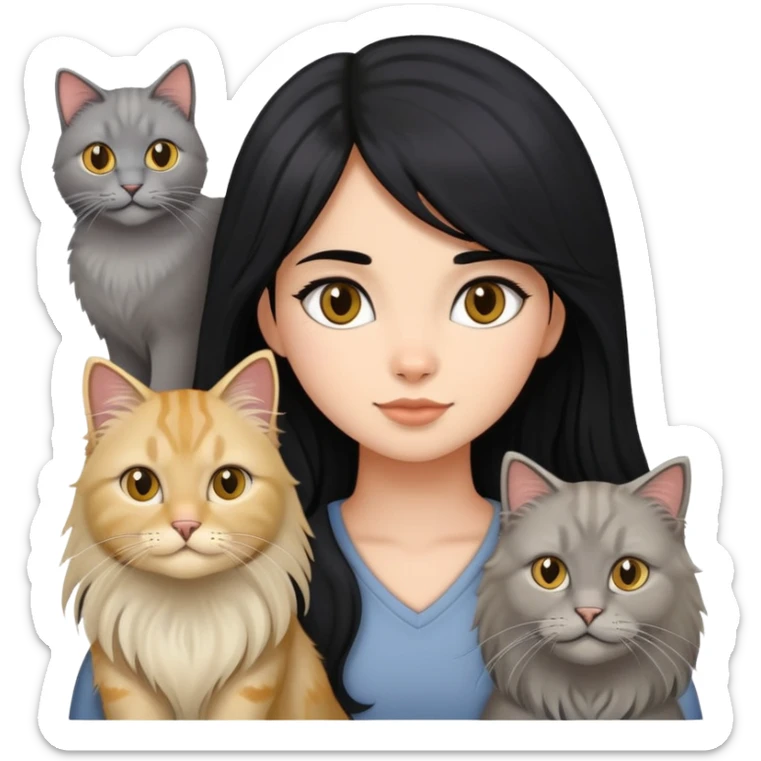 black hair girl with a grey longhair cat and four british longhair golden sticker