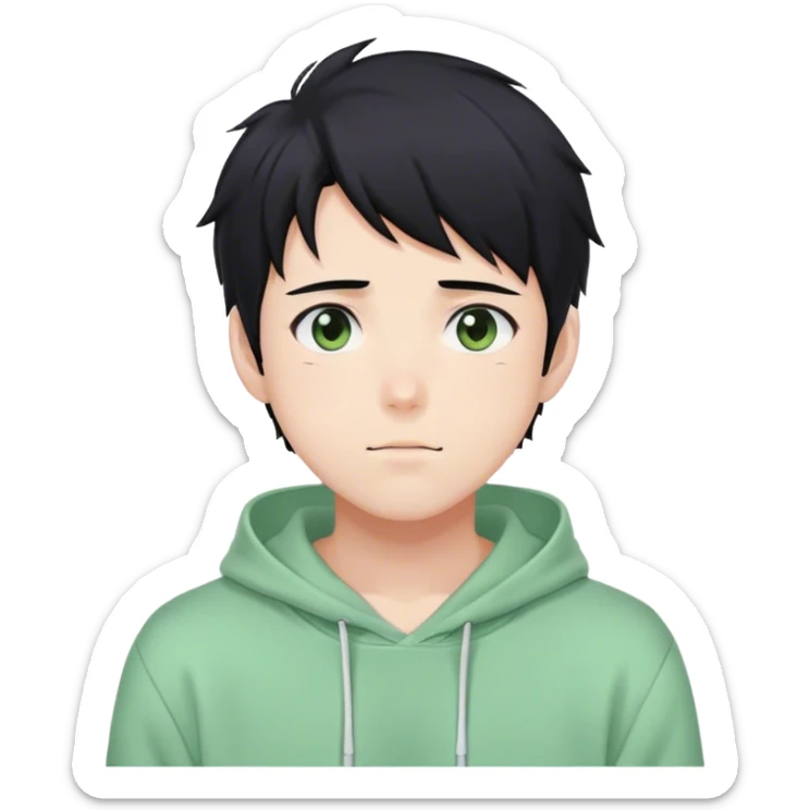 Gorgeous pastel green sweater black hair anime style shojo guy with blushing face and, hoodie, aesthetic, young adult, trending style outside  sticker