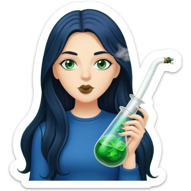 White Girl with dark black/blue long hair. She is Smoking out of a green bong smoke above her. sticker