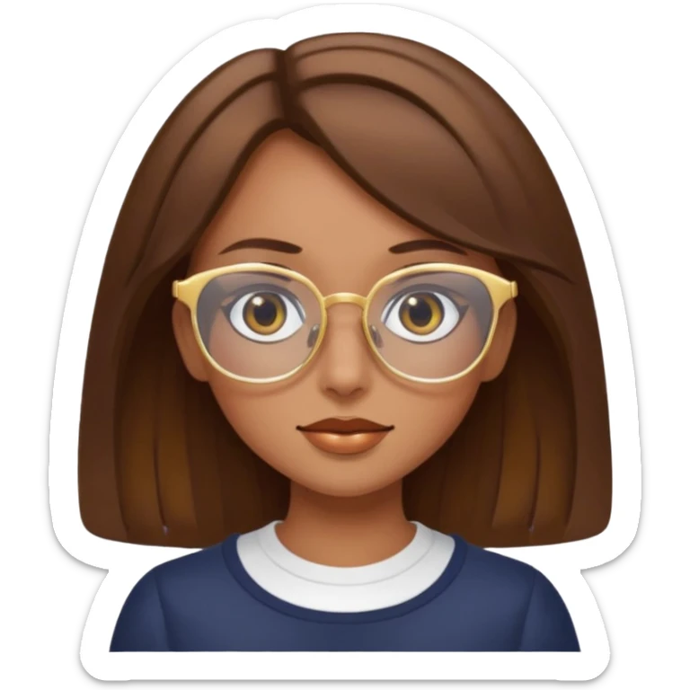 a girl with brown hair, slightly tanned skin and large square gold glasses sticker