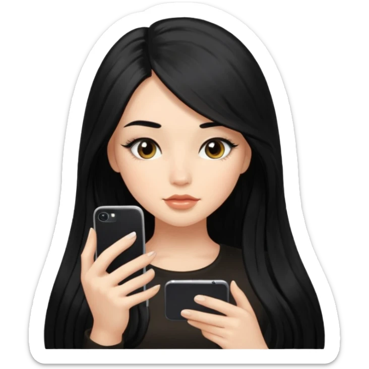a girl with silk long black hair having fomo looking at her phone, she has long lashes  sticker