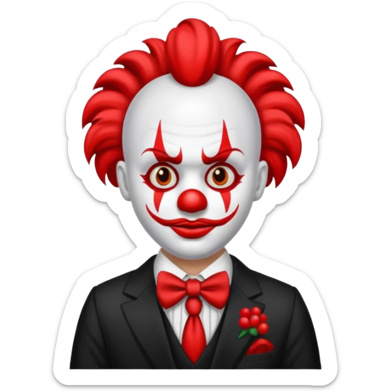 Crea un payaso con cara blanca sin pelo con cuernos negros y un traje rojo con negro sticker