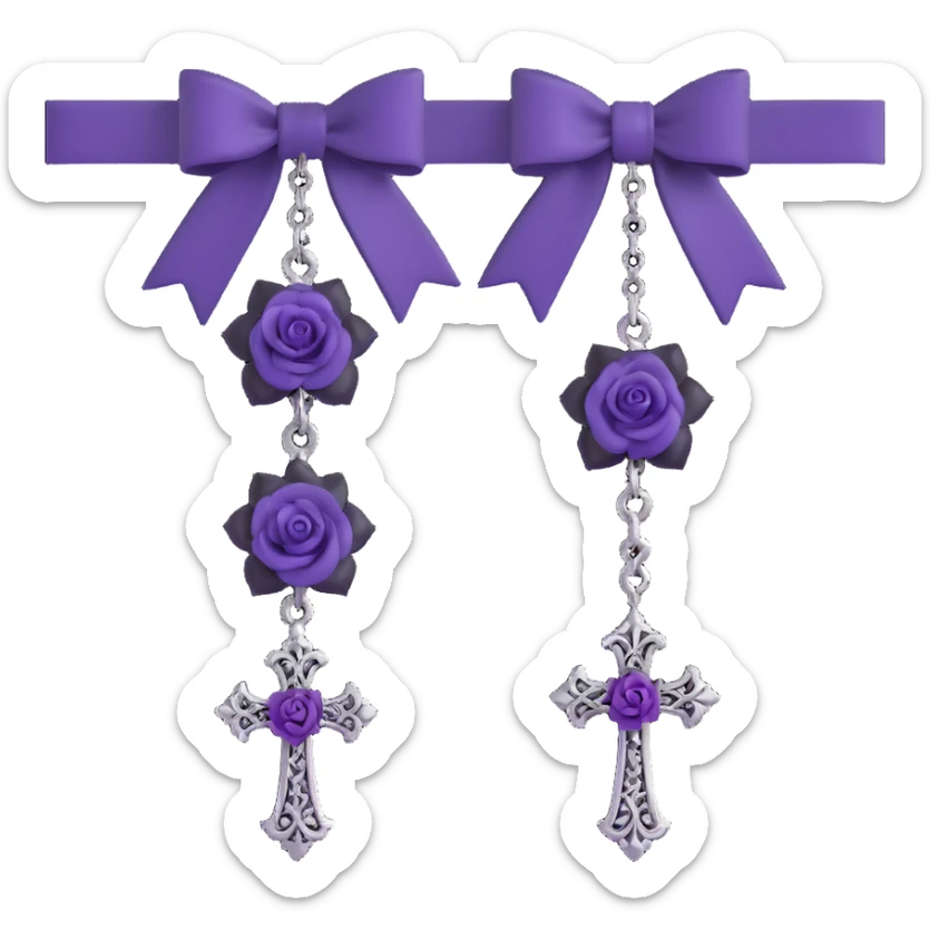 gothic earrings with black velvet bows, silver cross pendants, purple rose accents, ornate and dark, matching the choker sticker