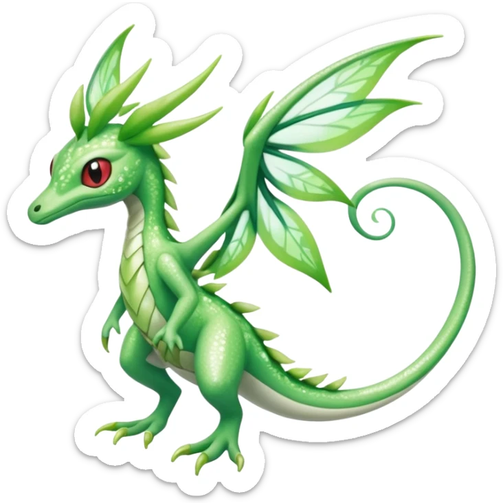 Sparkly White And Green Natural Flowery Colorful Grovyle-Flygon-Celebi-Fakémon-hybrid-creature (full body)  sticker