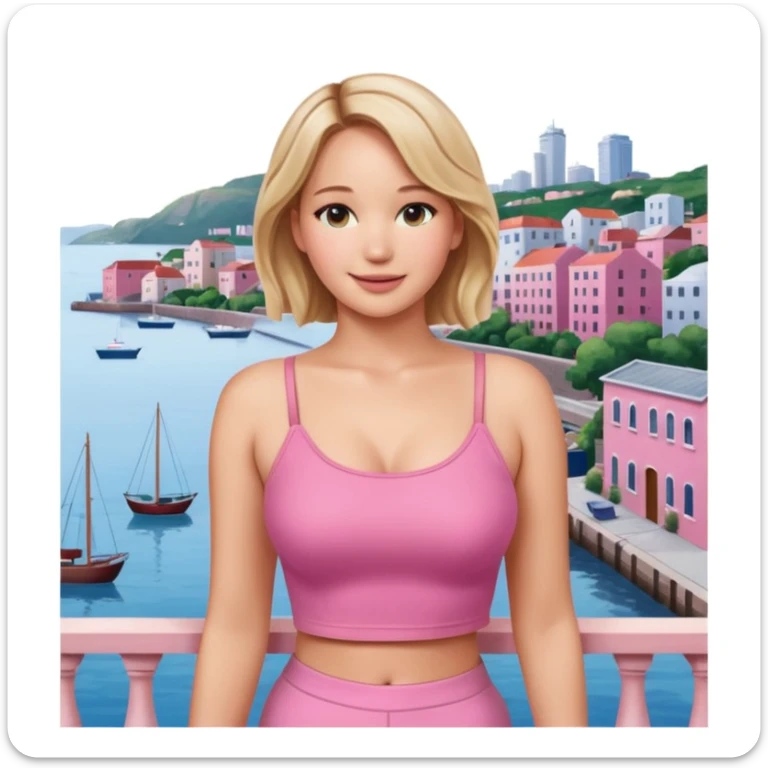 jennifer lawrence, pink crop top leaning on a balcony with a harbor and cityscape in the background, smiling sticker