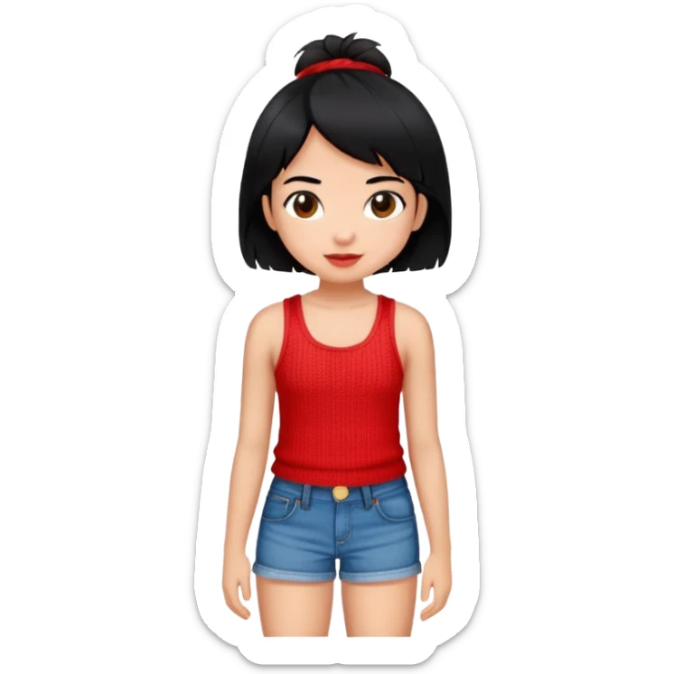 Girl in red yarn tank top with jean shorts, with black hair, Hispanic sticker