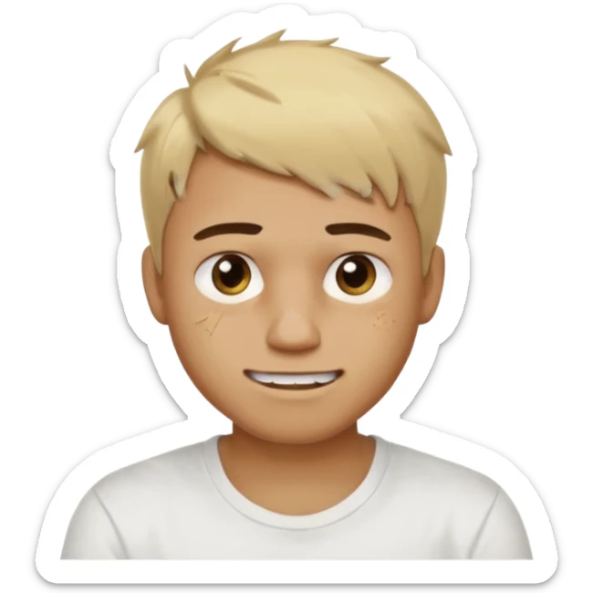 Male with short, messy blonde hair, large expressive golden-brown eyes, brown skin, subtle facial bruises and scratches, crooked smile showing slightly damaged teeth, wearing a plain white t-shirt. sticker