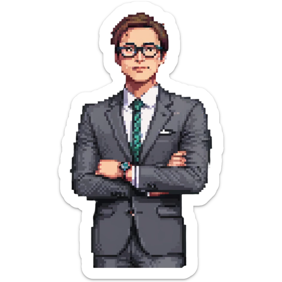 front-facing pixel art illustration of a thoughtful businessman from the waist up, wearing a sharp suit and stylish glasses, one hand under chin, gazing slightly to the side, luxury watch visible on wrist, expression of curiosity and contemplation, clean background sticker
