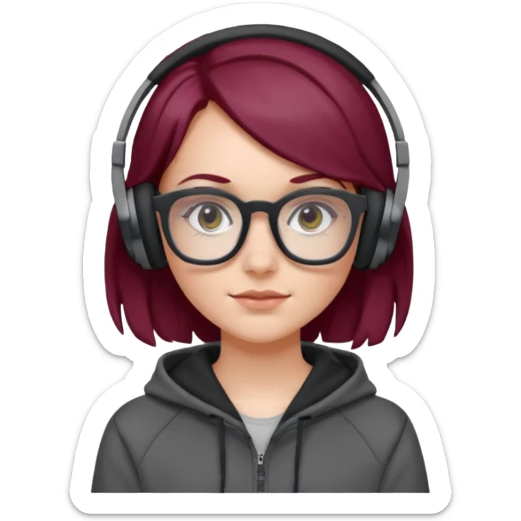white girl with burgundy hair, gray squared-glasses, black deportive hoodie and black headphones sticker