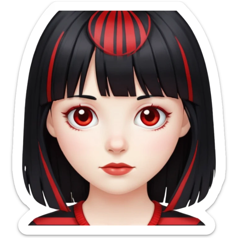 Pale girl, long black hair with red striped hair and bangs sticker