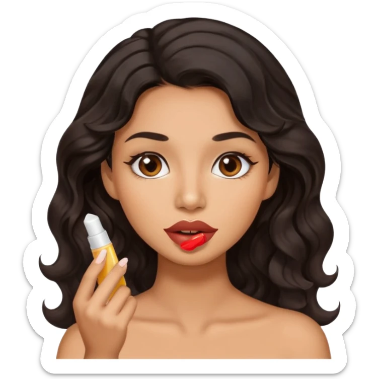 A gorgeous with black wavy hair women applying cute thin lipbalm on her brown lips sticker