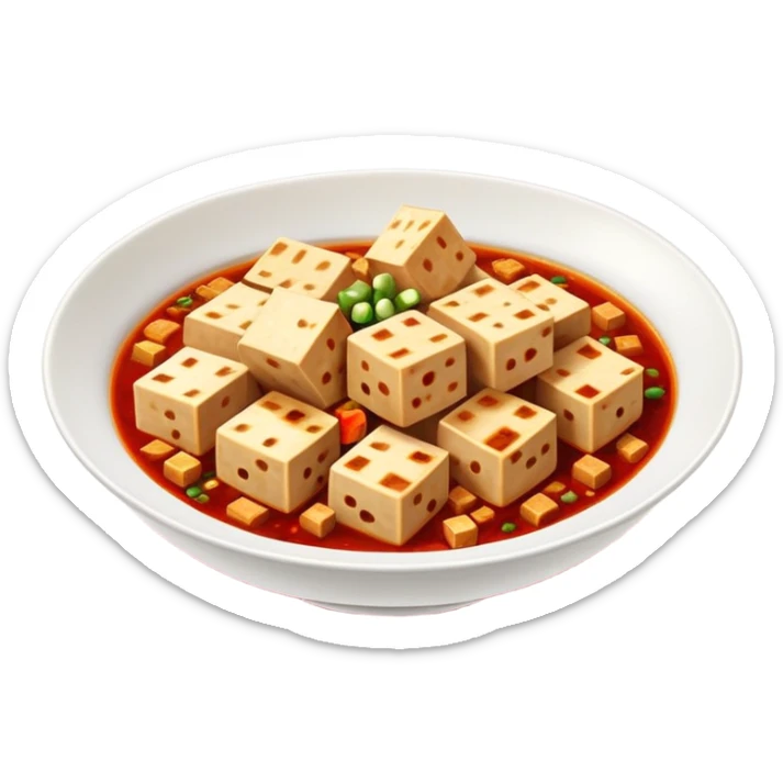 Sichuan mapo tofu spicy red dish with tofu cubes, simplified emoji style with bold outlines and bright colors, cartoon style Chinese tofu dish sticker