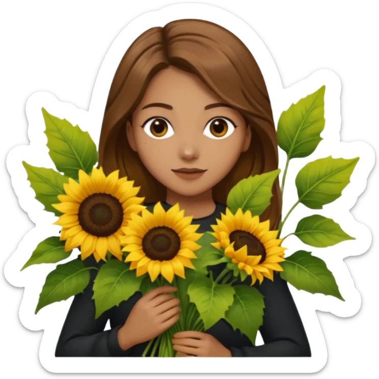 She appears to be a young woman with medium-length light brown hair that falls naturally past her shoulders. 
 In her hands, she holds a bouquet of bright yellow sunflowers with large green leaves, which stand out vividly against her dark clothing and the dark tiled wall behind her. sticker